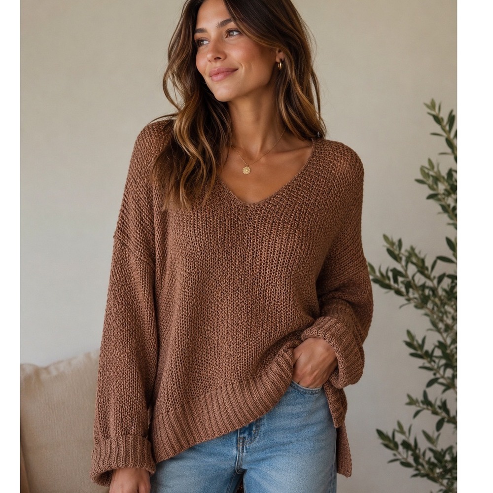 ee:some V-Neck Open Knit Oversized Sweater Brown Size S/M Boho Cozy